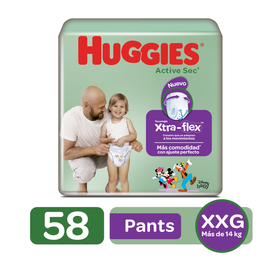 Pantaloncitos Huggies Active Sec Talla XXG, 58uds