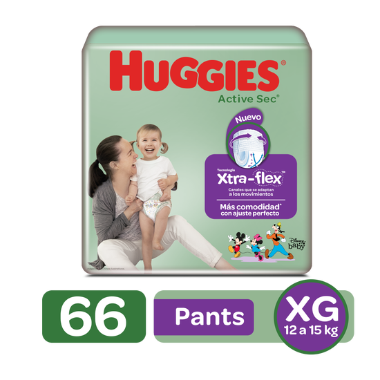 Pantaloncitos Huggies Active Sec Talla XG, 66uds